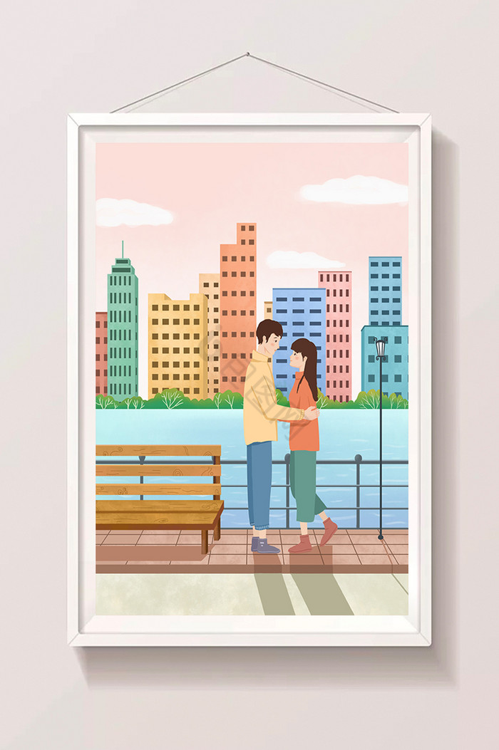 七夕情人节情侣约会浪漫城市在一起表白插画图片