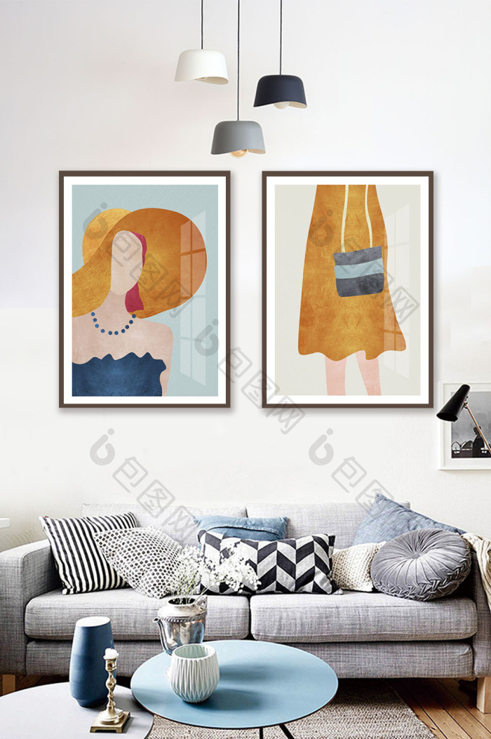 北欧轻奢时尚抽象人物美女双联装饰画-北欧轻奢时尚抽象人物美女双联装饰画效果图-【包图网】