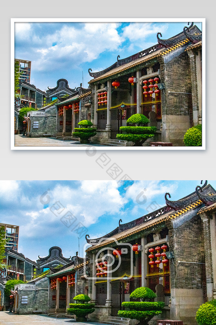 岭南文化特色挂红灯笼特色建筑摄影图