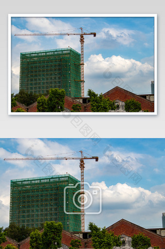 老厂房城市建设兴建与拆迁施工塔吊摄影图图片