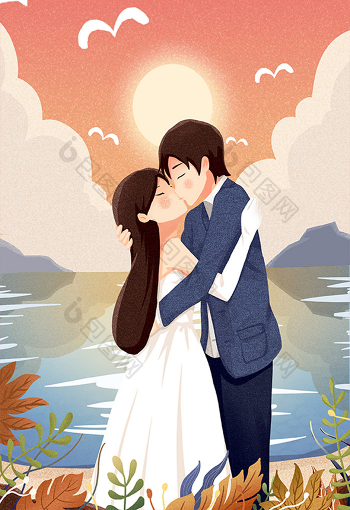 七夕情人节情侣在一起约会浪漫亲吻结婚插画