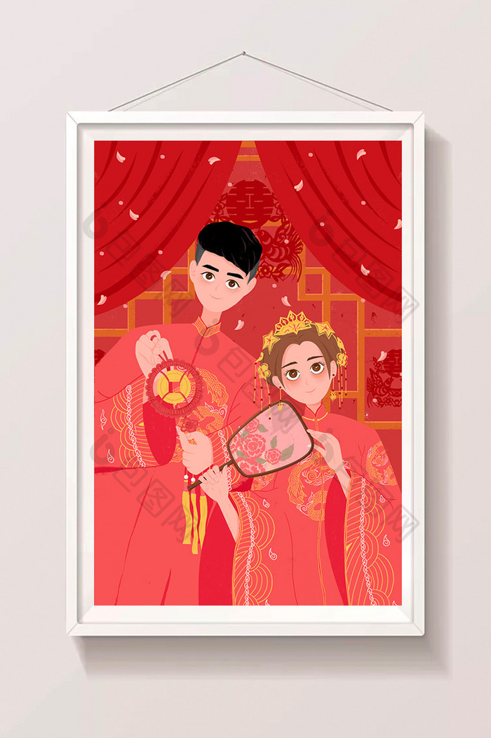 红色喜庆中国风中式婚礼插画