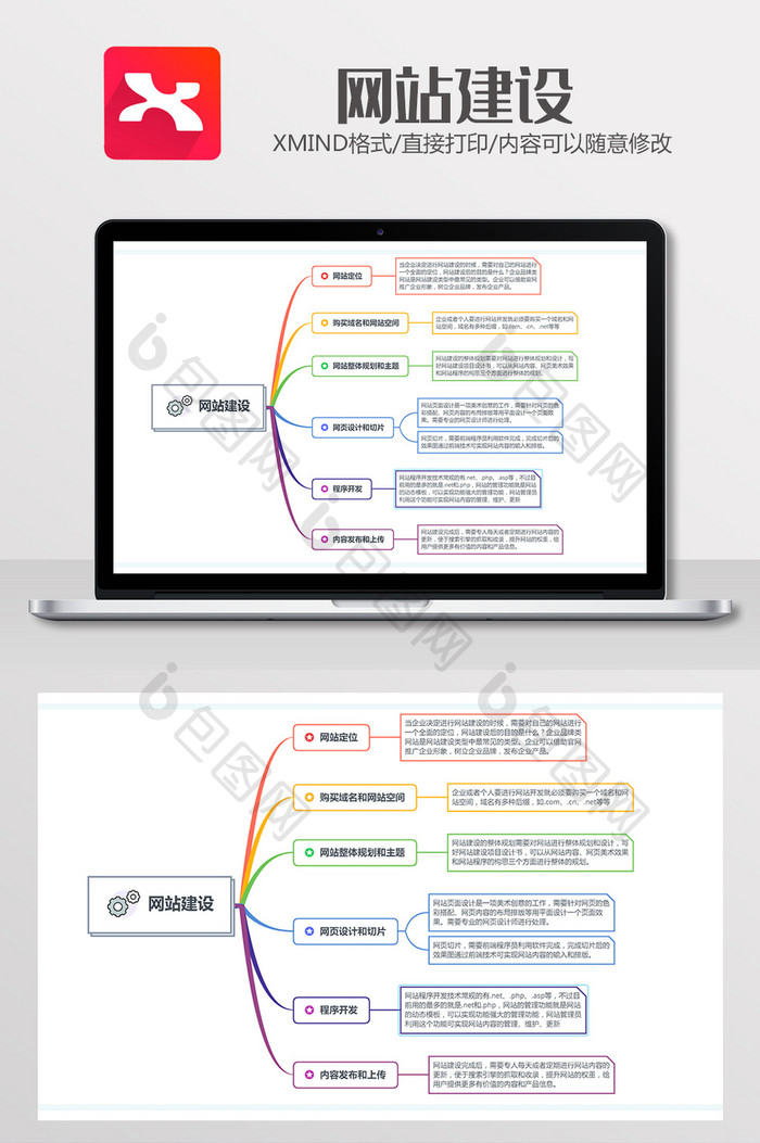 简约彩虹线条网站建设xmind模板