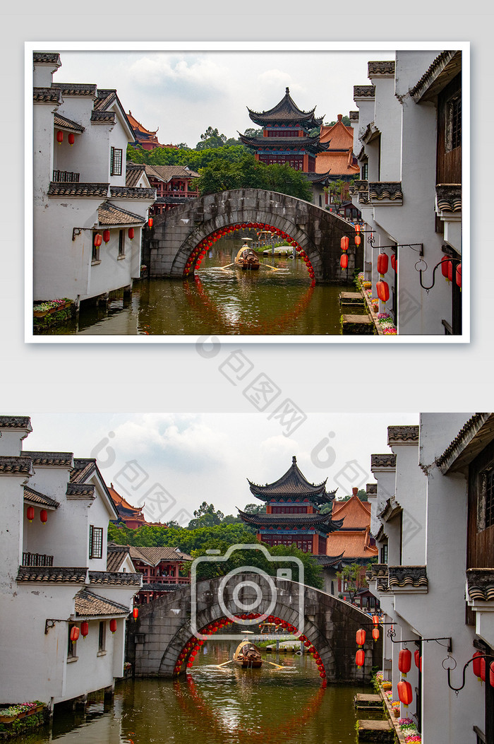 典型江南水乡小桥流水白墙黑瓦建筑摄影图