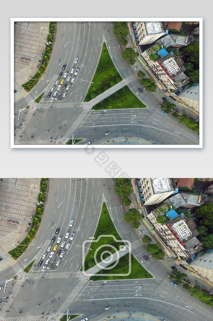 垂直航拍城市三叉路口车流图片