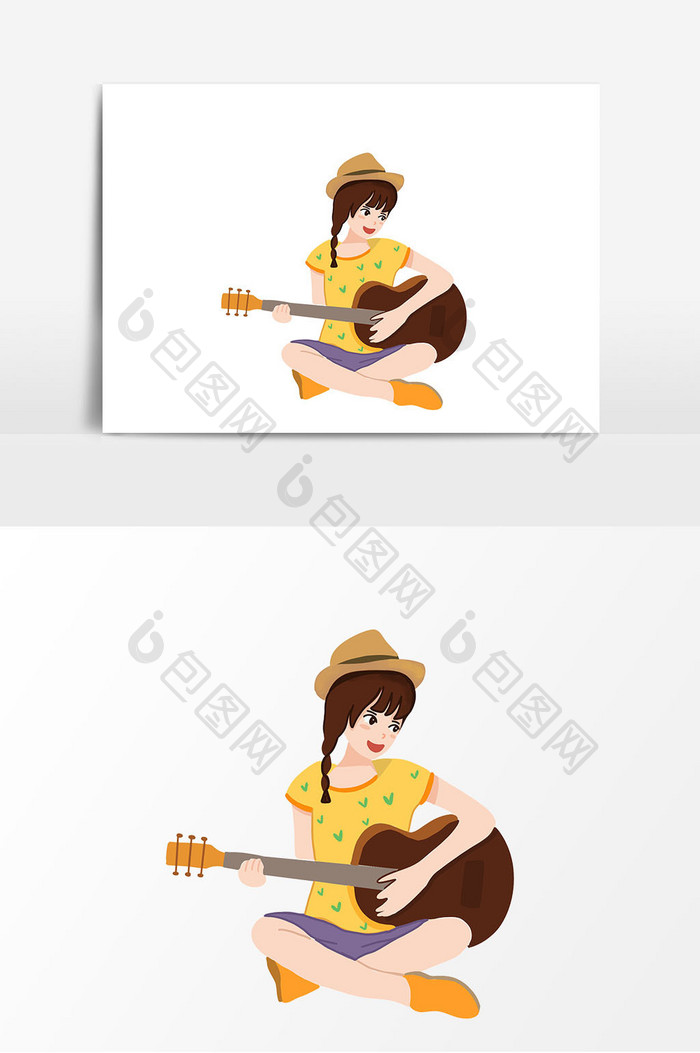 手绘暑假兴趣班弹吉他的女孩元素