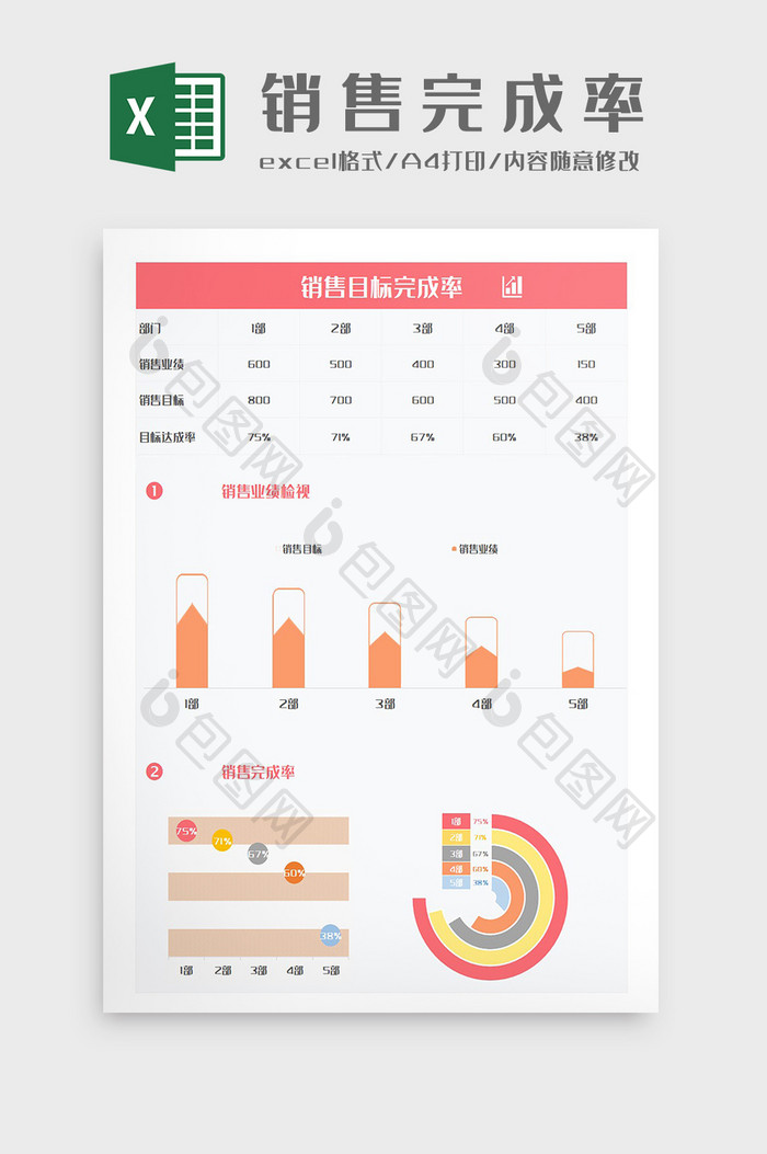 红色销售目标完成业绩达标率 Excel模板下载 包图网