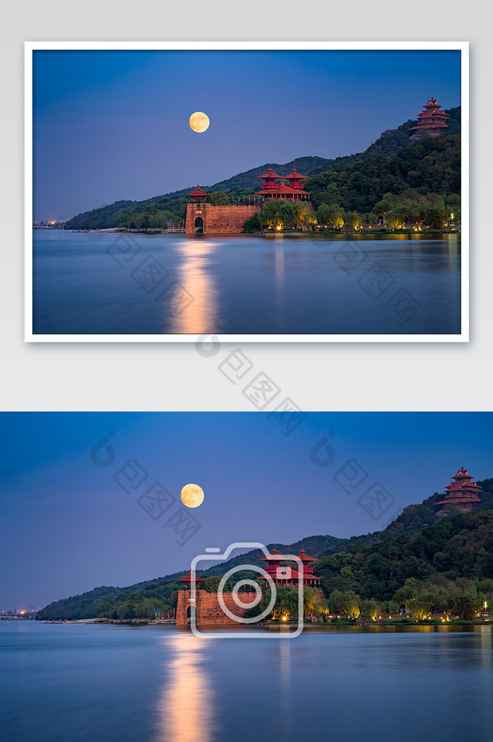 月光下的武汉东湖磨山楚城摄影图片
