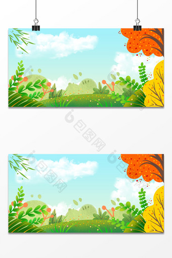 清新多彩卡通森林植物树木风景背景图片