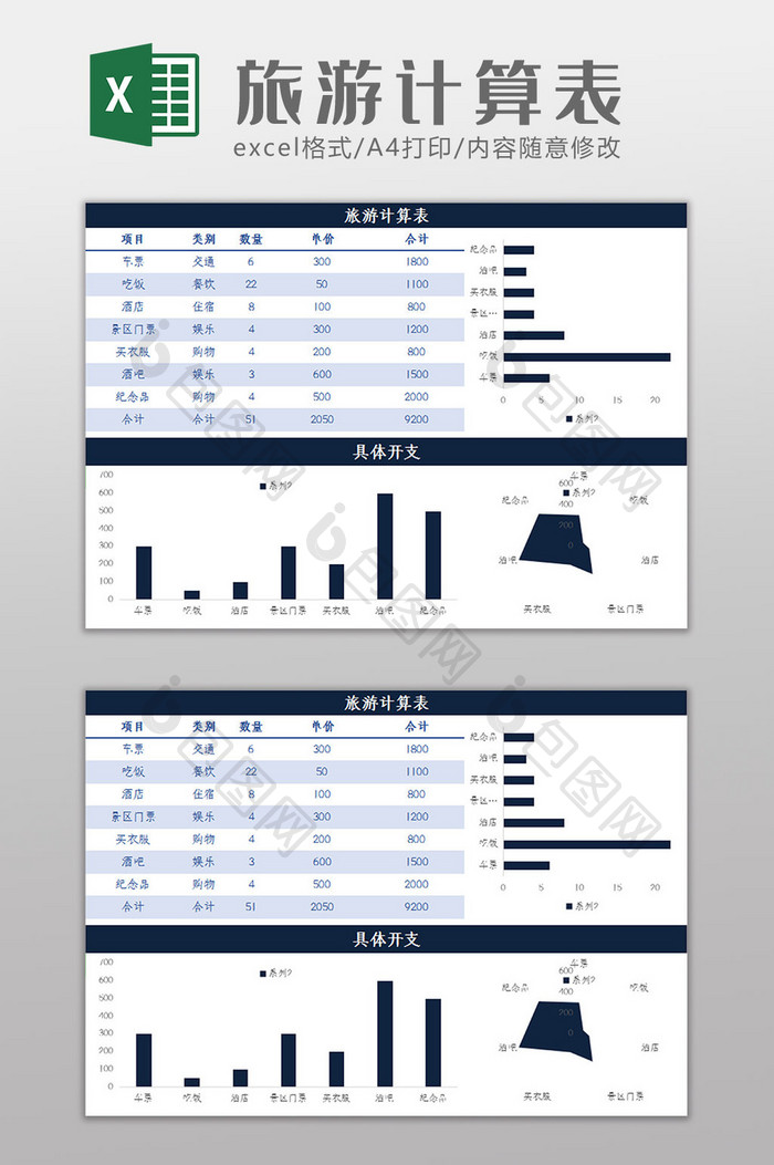 简约大气蓝色旅游计算表Excel模板