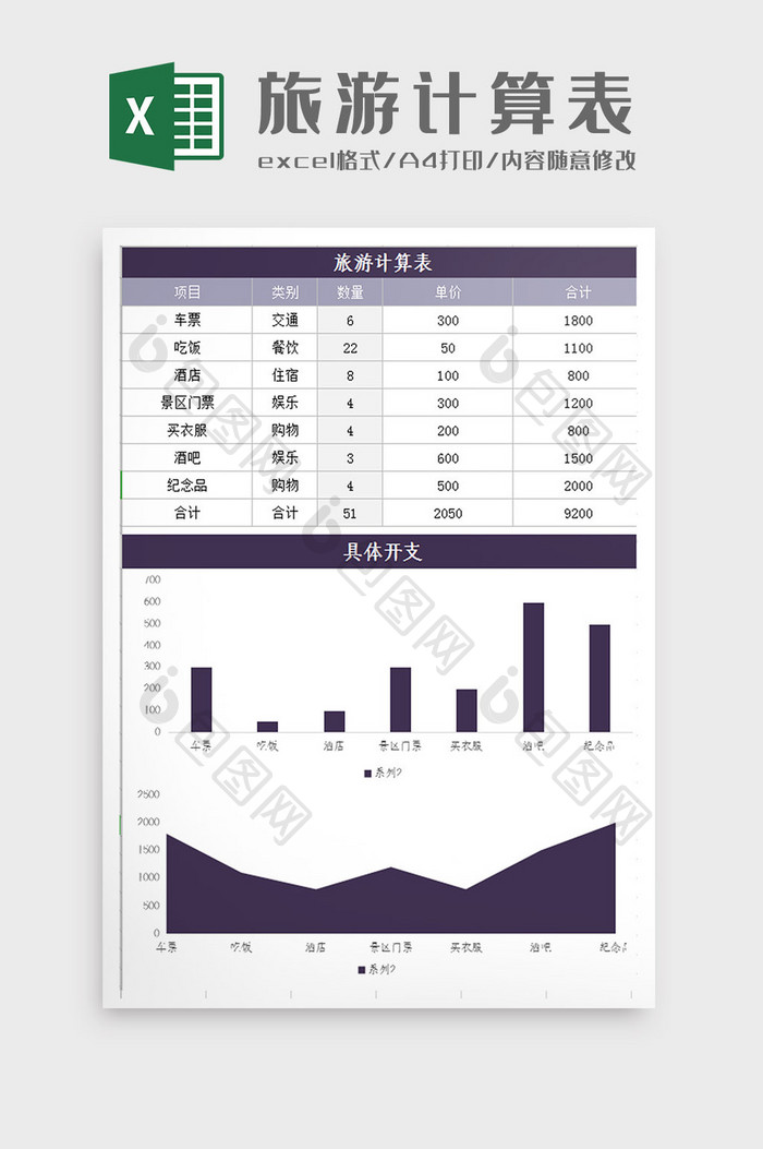 简约大气紫色旅游计算表Excel模板