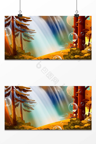 梦幻森林树木风景气泡瀑布背景图片