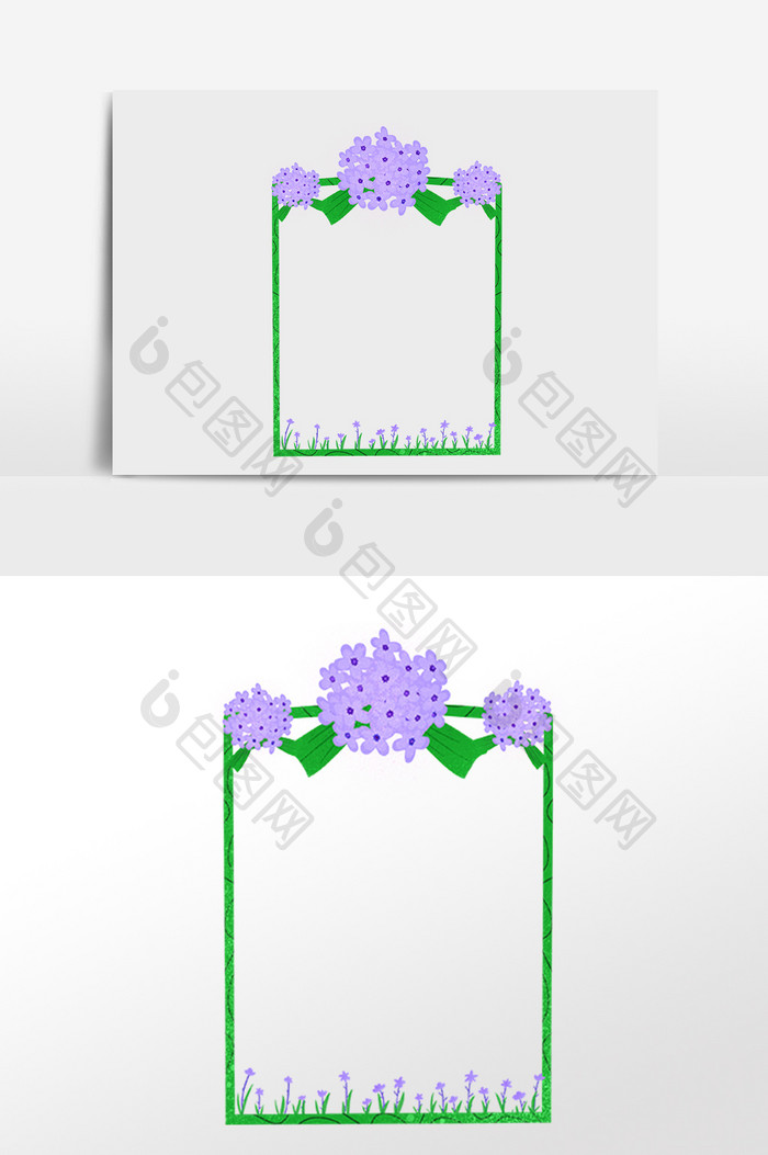 手绘绿色植物紫色花草边框插画