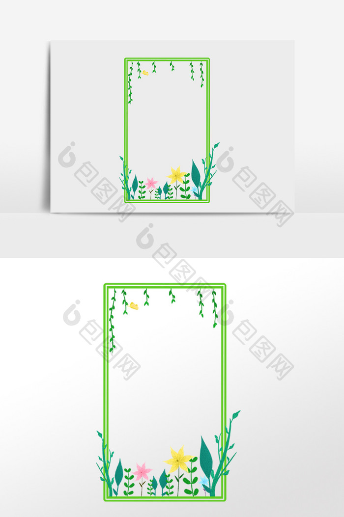 手绘绿色植物小花花草边框插画