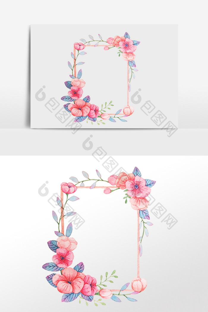 手绘植物粉色花朵花环边框插画