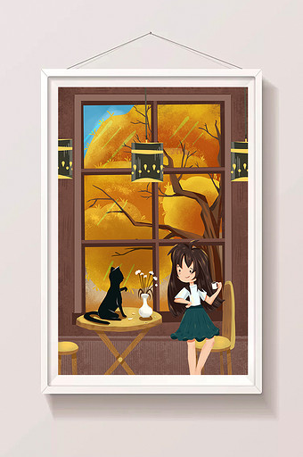 24节气立秋秋天风景少女猫咪黄色室内插画图片