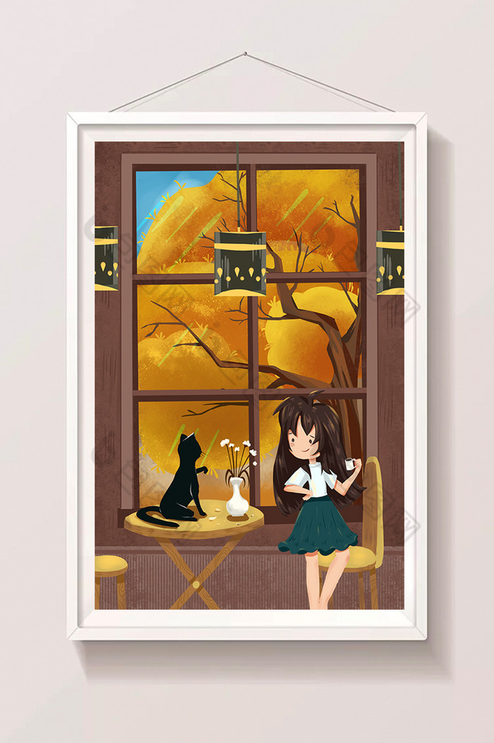 24节气立秋秋天风景少女猫咪室内插画图片图片