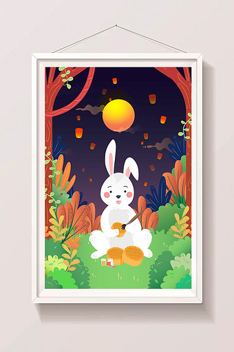 中秋吃月饼中国风兔子海报闪屏app插画图片