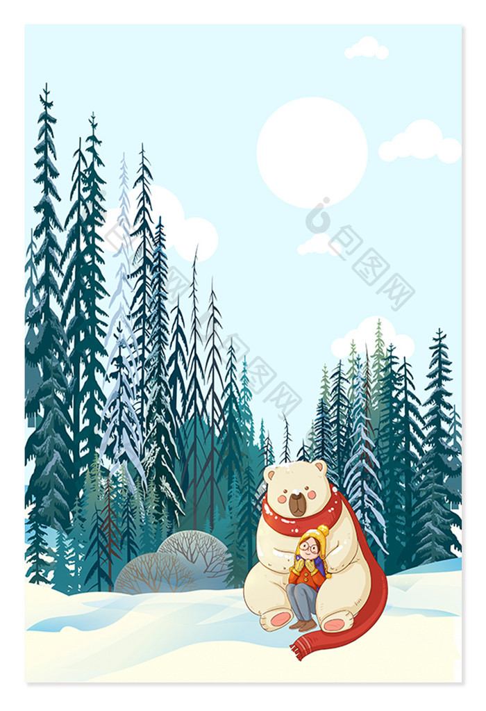 森林树木冬季大熊抱女孩背景