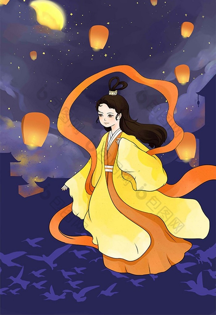 中秋节嫦娥仙女本月孔明灯插画