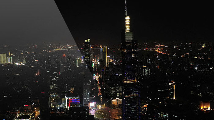航拍南京城市地标紫峰大厦夜景新街口鼓楼
