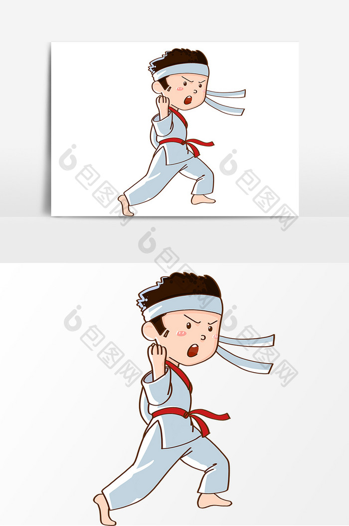 手绘练习武术的小学生卡通形象