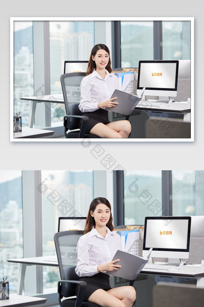 商务办公人员两台电脑显示屏投屏海报样机