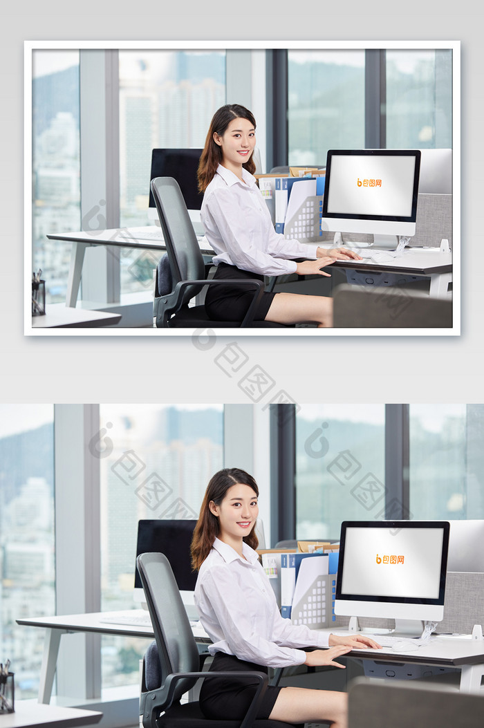 商务办公人员侧坐电脑显示屏投屏海报样机