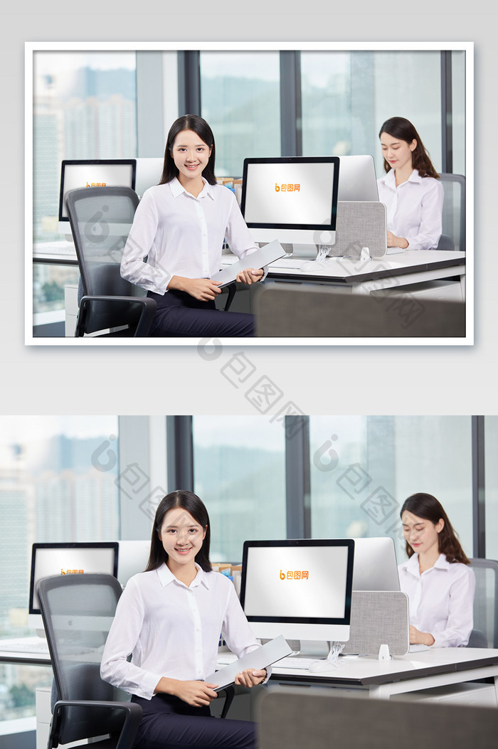 商务办公人员露齿笑电脑显示屏投屏海报样机