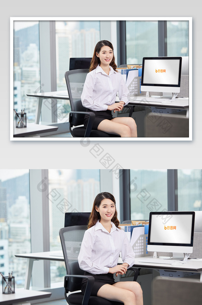 商务办公人员微笑电脑显示屏投屏海报样机