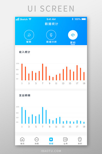 蓝色时尚线图柱状图数据统计UI移动界面图片