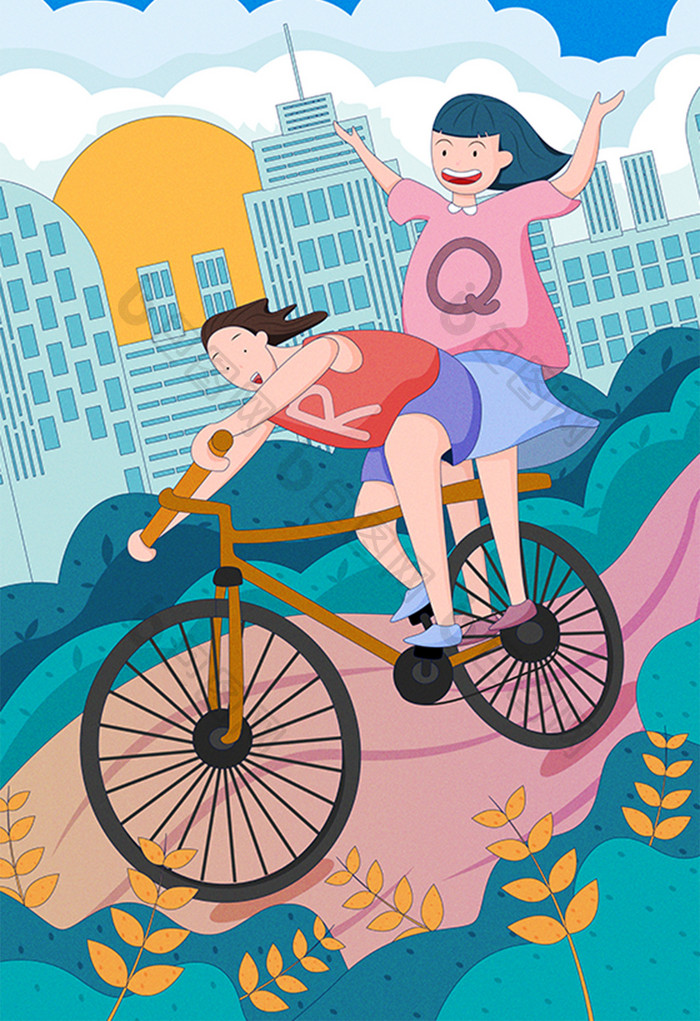 八月你好小清新骑自行车矢量插画城市