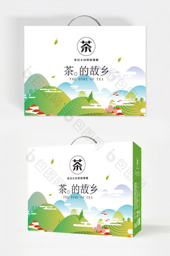 手绘矢量绿色茶叶手提礼盒包装设计图片