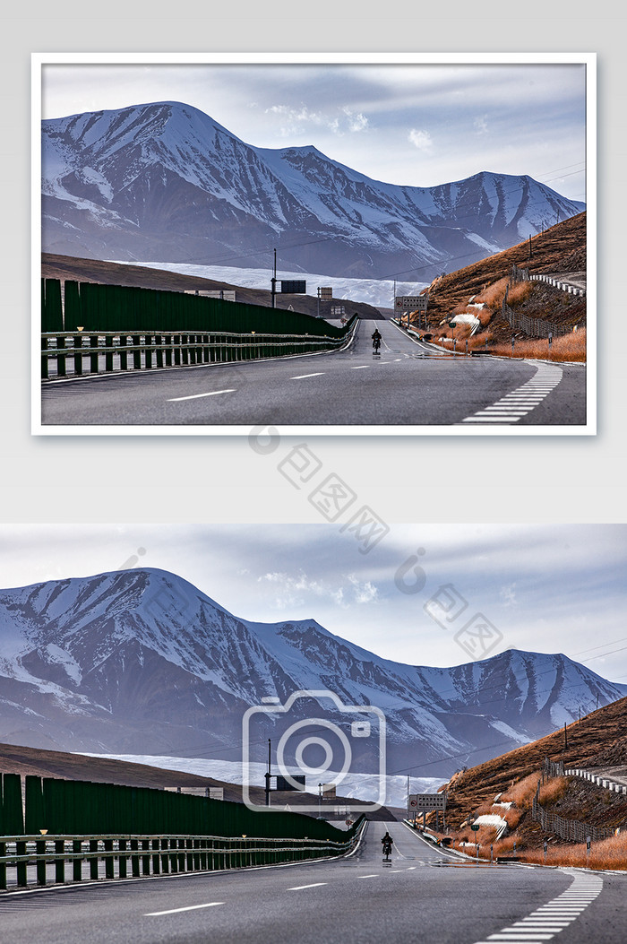 高速公路雪山与开摩托车的藏人摄影图片