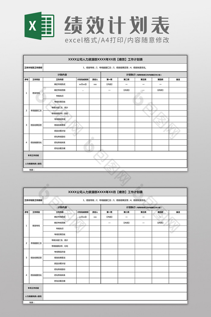 月度绩效计划表Excel模板