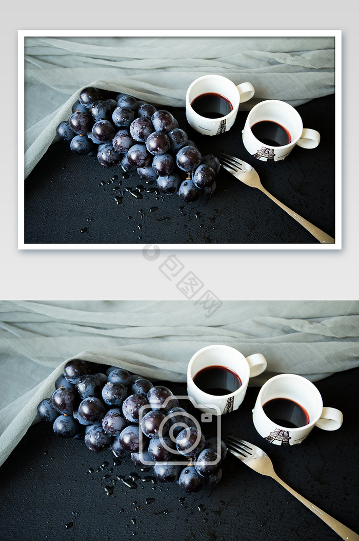 葡萄咖啡杯金属叉子意境图片