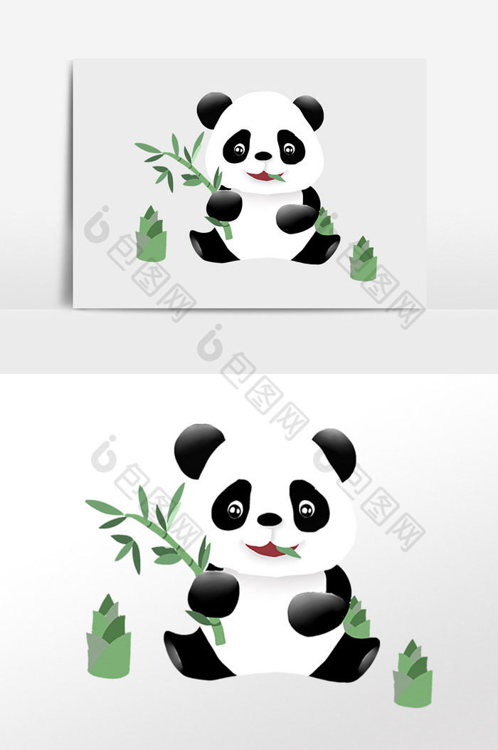 手绘可爱小动物吃竹子大熊猫插画