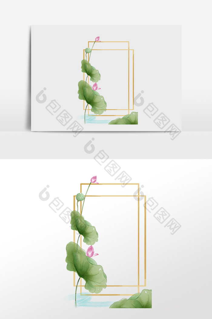 手绘绿色植物清新荷花边框插画