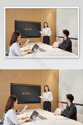 商务办公白领举手示意会议室显示屏海报样机图片