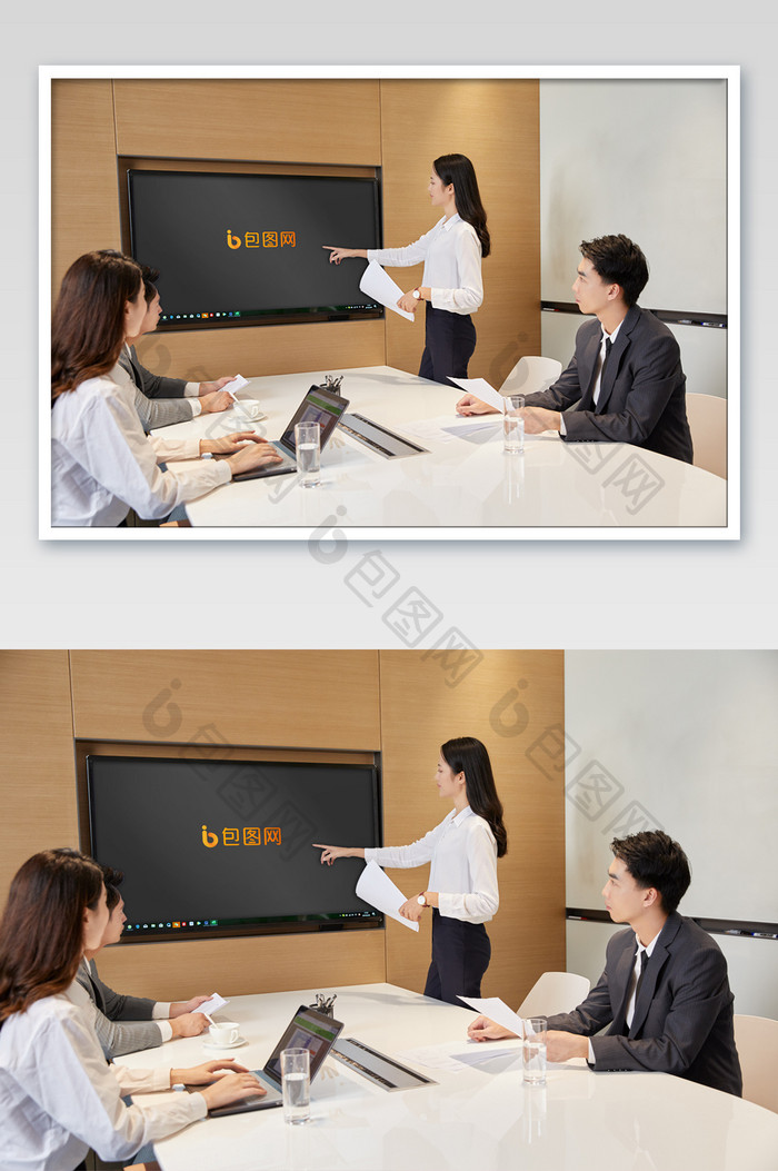 商务办公白领女士会议报告显示屏海报样机