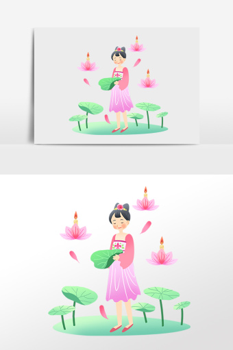 手绘中元节鬼节祭祀放河灯女孩插画