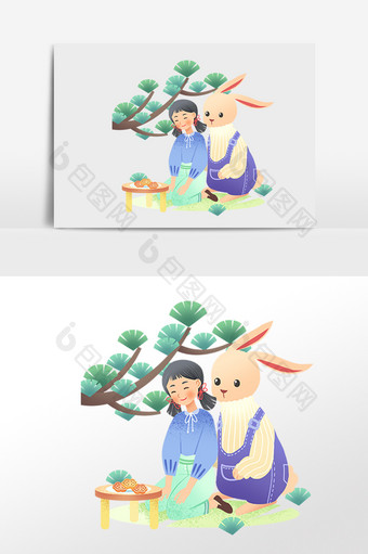 手绘中秋节吃月饼女孩兔子插画图片