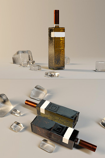玻璃酒瓶包装样机（OC渲染）图片