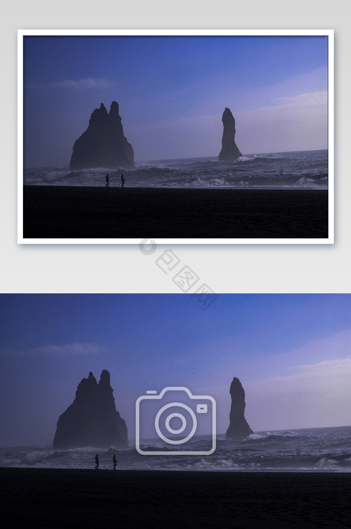 壮阔冰岛黑沙滩玄武岩柱摄影图片