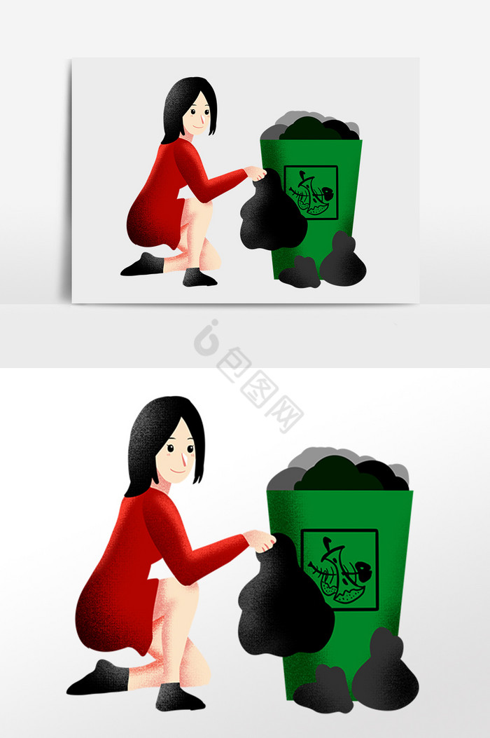 女孩扔垃圾垃圾分类插画图片