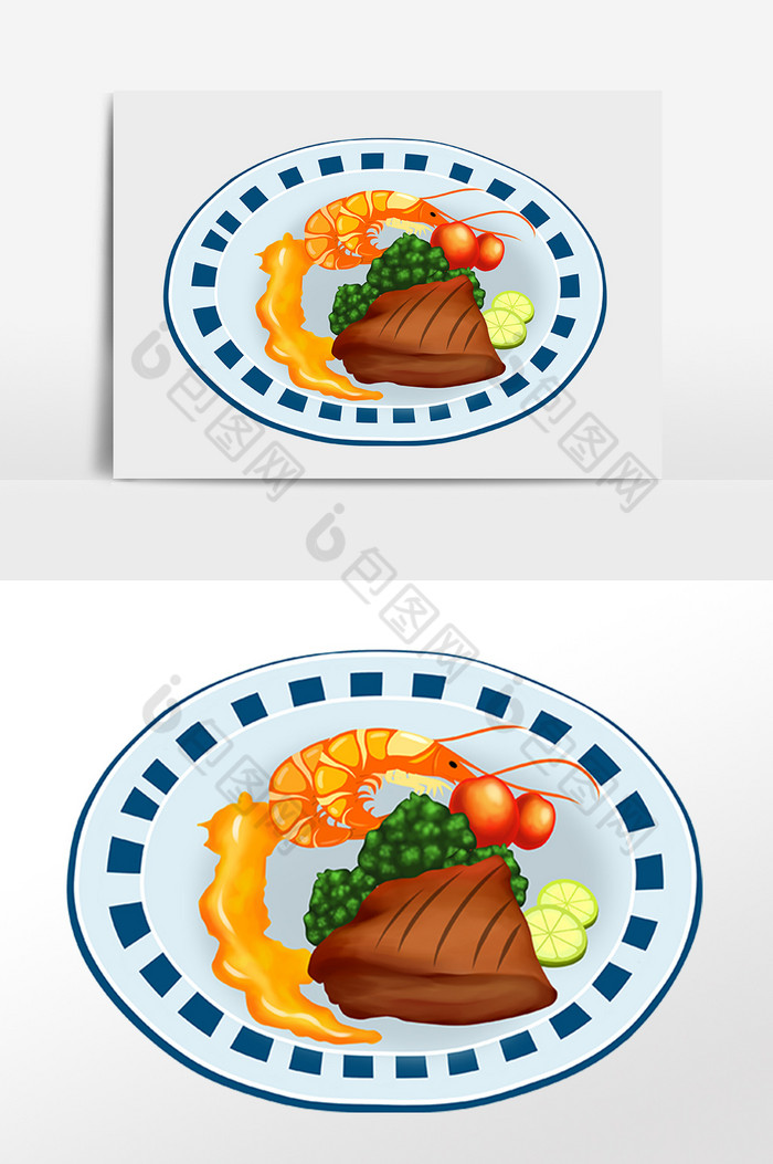西餐午餐牛排大虾插画图片图片