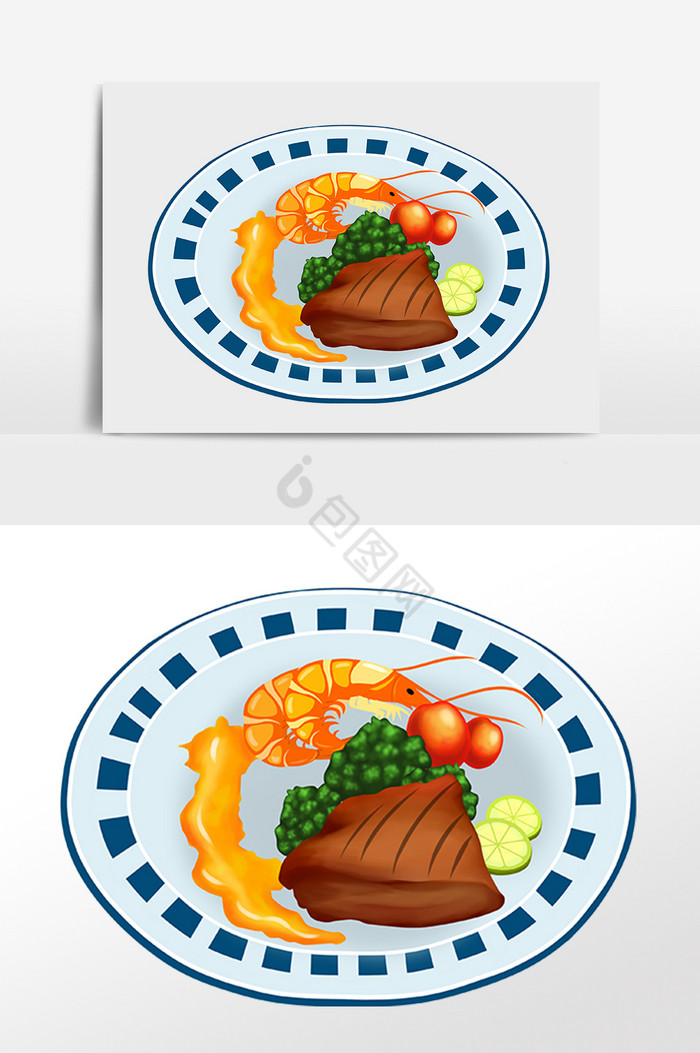 西餐午餐牛排大虾插画图片
