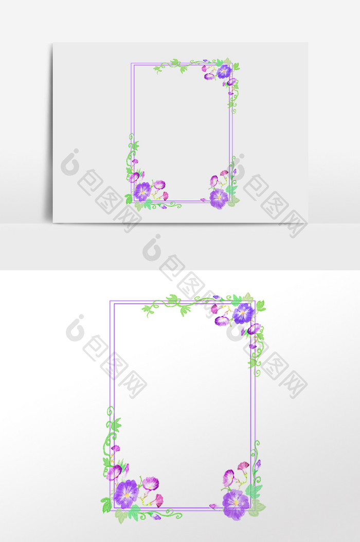 手绘绿色植物喇叭花边框插画