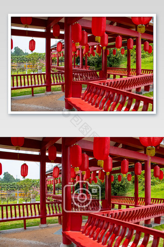 中式大红色夏日乘凉回廊传统灯笼装饰摄影图图片