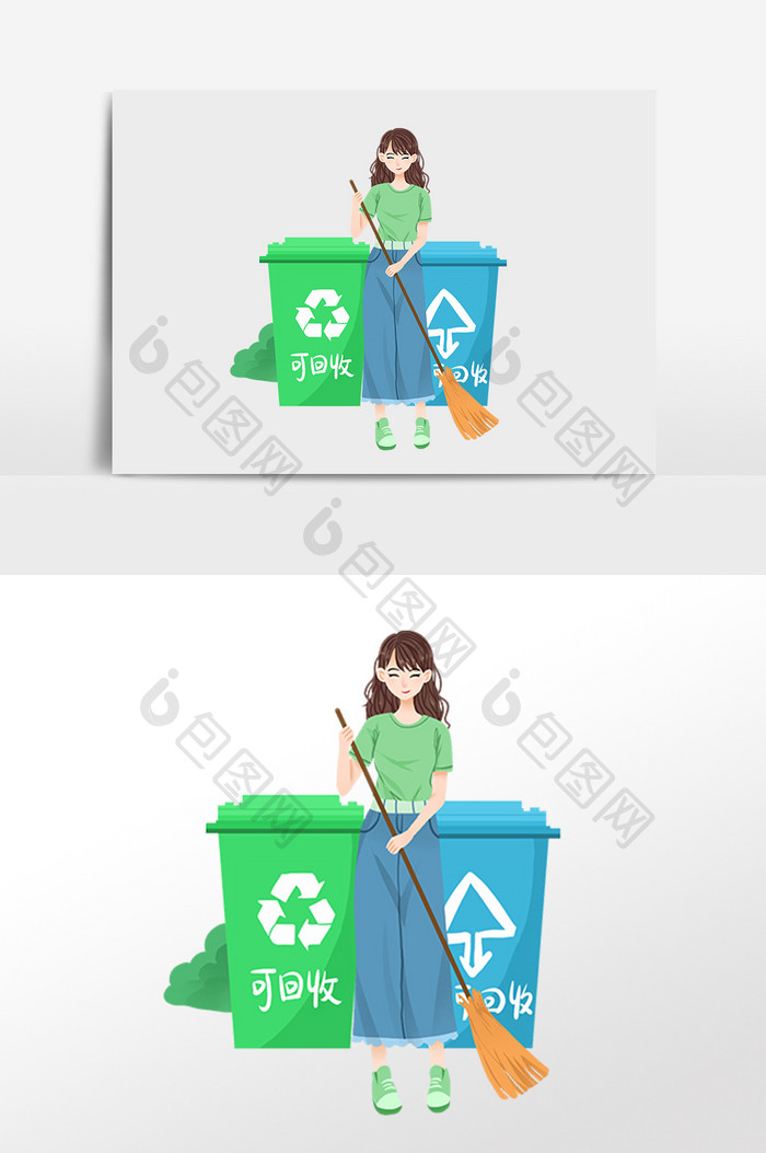 手绘女孩清扫卫生垃圾插画